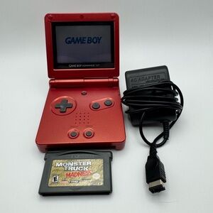 Nintendo Game Boy Advance SP AGS-001 Flame Red with Charger and Game, All Tested